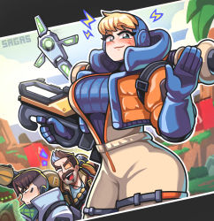 Rule 34 | 1girl, 2boys, animification, annoyed, apex legends, black hair, blonde hair, blue eyes, blue gloves, blue headwear, blush, breasts, brown jacket, crypto (apex legends), eyepatch, facial hair, fuse (apex legends), gloves, gun, hack (apex legends), highres, hologram, hood, hooded jacket, jacket, korean commentary, looking at viewer, mechanical arms, medium breasts, multiple boys, mustache, one eye covered, orange jacket, prowler smg, sagas293, single mechanical arm, sleeveless, sleeveless jacket, smile, submachine gun, v-shaped eyebrows, wattson (apex legends), waving, weapon, white jacket