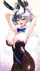 Rule 34 | 1girl, animal ears, bare shoulders, black leotard, blush, bow, bowtie, breasts, bunny day, cleavage, demon girl, demon horns, demon wings, detached collar, duel monster, fake animal ears, grey eyes, highres, horns, large breasts, leotard, looking at viewer, lovely labrynth of the silver castle, natsumikan, pantyhose, playboy bunny, pointy ears, rabbit ears, smile, solo, strapless, strapless leotard, twintails, white hair, wings, yu-gi-oh!
