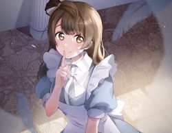 Rule 34 | 1girl, breasts, brown hair, finger to mouth, hand up, highres, looking at viewer, love live!, love live! school idol project, maid, medium breasts, minami kotori, naarann, one eye closed, puffy short sleeves, puffy sleeves, short sleeves, smile, solo, yellow eyes