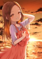 Rule 34 | 1girl, arm behind head, arm up, bad id, bad pixiv id, brown eyes, brown hair, cloud, commentary request, dress, forehead, goldowl, grin, hat, highres, holding, holding clothes, holding hat, horizon, karakai jouzu no takagi-san, long hair, looking at viewer, ocean, outdoors, parted bangs, pink dress, pink hat, ribbon-trimmed skirt, ribbon trim, shirt, short sleeves, sky, sleeveless, sleeveless dress, smile, solo, sun, sunset, takagi-san, unworn hat, unworn headwear, water, white shirt, wide sleeves