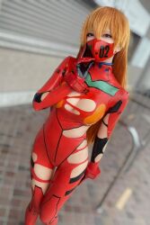 Rule 34 | 1girl, absurdres, asian, blue eyes, bodysuit, breasts, brown hair, cosplay, curvy, evangelion: 3.0+1.0 thrice upon a time, hair down, highres, japanese (nationality), long hair, long sleeves, mask, medium breasts, mouth mask, multicolored bodysuit, multicolored clothes, neo.omochi, neon genesis evangelion, photo (medium), pilot suit, plugsuit, rebuild of evangelion, red bodysuit, shiny clothes, smile, souryuu asuka langley, souryuu asuka langley (cosplay), standing, torn bodysuit, torn clothes, very long hair, wide hips