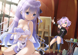 Rule 34 | 2girls, alternate costume, azur lane, bad id, bad pixiv id, black ribbon, black shirt, blouse, blue eyes, blue legwear, blush, boots, breasts, bucket, canvas (object), casual, cleavage, commentary, covering privates, easel, hair bun, hair ornament, hair ribbon, hairclip, hugging object, indoors, javelin (azur lane), kneeling, light rays, long hair, long sleeves, looking to the side, medium breasts, modeling, multiple girls, nose blush, nude, nude cover, nude modeling, one eye closed, open mouth, outstretched arms, paintbrush, painting (action), palette (object), pencil, plaid, plaid skirt, purple eyes, purple hair, ribbon, shawl, shirt, side bun, single side bun, sitting, skirt, socks, stool, stuffed winged unicorn, sukisukiharami, sunbeam, sunlight, sweat, table, unicorn (azur lane)
