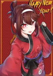 Rule 34 | 1girl, ahoge, alternate costume, alternate hairstyle, black bow, bow, brown hair, chinese border, clip studio paint (medium), clothing request, folded ponytail, girls&#039; frontline, hairband, happy new year, highres, k0ng, looking at viewer, new year, obi, open mouth, red eyes, robe, sash, scale print, short hair with long locks, sidelocks, sleeves past wrists, solo, twitter username, type 79 (girls&#039; frontline), wide sleeves