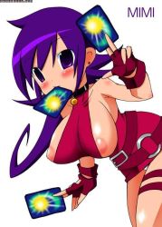 Rule 34 | blush, breasts, duel masters, earrings, fingerless gloves, gloves, jewelry, large breasts, mouth hold, purple eyes, purple hair, simple background, tagme, tasogare mimi