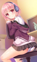 Rule 34 | 1girl, ass, black skirt, blush, box, cardboard box, chair, closed mouth, collared shirt, commentary request, desk, dutch angle, fingernails, gridman universe, hands up, head tilt, headphones, highres, hood, hood down, hooded jacket, indoors, jacket, long sleeves, looking at viewer, looking to the side, miniskirt, monitor, off shoulder, office chair, on chair, panties, pink hair, pleated skirt, purple jacket, red eyes, shinjou akane, shirt, sitting, sitting backwards, skirt, sleeves past wrists, smile, solo, spikes, ssss.gridman, swivel chair, umitonakai, underwear, white panties, white shirt