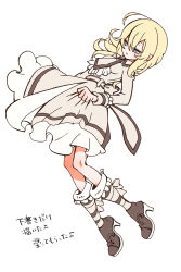 Rule 34 | 1girl, alternate costume, belt, black footwear, blonde hair, blue eyes, boots, clothes pull, collared dress, dress, dress pull, full body, hair between eyes, half-closed eyes, high heel boots, high heels, kingdom hearts, kingdom hearts ii, kouki (ko ki 9), long hair, long sleeves, namine, necktie, pulling own clothes, simple background, solo, translation request, white background