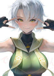 Rule 34 | 1girl, backlighting, black gloves, blush, breasts, character request, commentary request, double v, gloves, grin, highres, imizu (nitro unknown), large breasts, looking at viewer, omuro musume, partially fingerless gloves, portrait, short hair, silver hair, sleeveless, smile, solo, v, v over eye, white background, yellow eyes