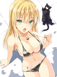 Rule 34 | 10s, 1girl, anchor, animal, aqua eyes, arm support, belly chain, bikini, bismarck (kancolle), black bikini, blonde hair, blue eyes, blush, breasts, cat, cleavage, cross, food, highres, iron cross, jewelry, kantai collection, large breasts, long hair, looking at viewer, navel, necklace, ohta yuichi, open mouth, pendant, popsicle, shiny skin, sitting, skindentation, solo, swimsuit, thigh gap, tongue, tongue out, unsinkable sam