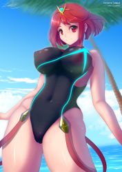 Rule 34 | 1girl, beach, breasts, competition swimsuit, covered navel, headpiece, highres, large breasts, nintendo, nipples, ocean, one-piece swimsuit, palm tree, pyra (xenoblade), red eyes, red hair, smile, swimsuit, tiara, tree, xenoblade chronicles (series), xenoblade chronicles 2, zelc-face