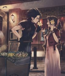 Rule 34 | 1boy, 1girl, 234 (1234!), aerith gainsborough, black hair, blue eyes, bow, bracelet, braid, brown hair, commentary, couple, dress, closed eyes, final fantasy, final fantasy vii, flower, gloves, hair ribbon, hetero, highres, jewelry, long hair, looking at another, pink bow, pink dress, ponytail, ribbon, smile, spiked hair, zack fair