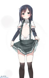 Rule 34 | 10s, 1girl, arm warmers, asashio (kancolle), black hair, black thighhighs, blue eyes, blush, breasts, cleavage, clothes lift, female focus, highres, kantai collection, long hair, looking at viewer, mitsudoue, no bra, open clothes, open shirt, pleated skirt, school uniform, serafuku, shirt, simple background, skirt, skirt lift, small breasts, solo, stomach, suspenders, sweat, thighhighs, underboob