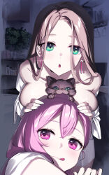 Rule 34 | 2girls, :q, absurdres, animal between breasts, blue eyes, breast press, breasts, brown hair, cat, chestnut mouth, earrings, hand on another&#039;s head, highres, indoors, jewelry, large breasts, long hair, looking at viewer, multiple girls, original, pink eyes, pink hair, plant, tongue, tongue out, yaguo