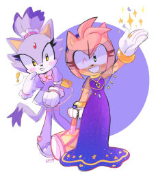 Rule 34 | 2girls, amy rose, animal ears, blaze the cat, blue dress, boots, cat ears, cat girl, cat tail, dress, forehead jewel, furry, furry female, gloves, hammer, heartludwig, highres, holding, holding hammer, multiple girls, one eye closed, pink fur, purple dress, purple fur, sonic (series), tail, thigh boots, white gloves, yellow eyes