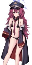 Rule 34 | 1girl, bare shoulders, bikini, black bikini, black coat, blue archive, blush, breasts, coat, commentary request, corrupted twitter file, detached collar, highres, iroha (blue archive), kushinaka, long hair, looking at viewer, navel, necktie, off shoulder, purple eyes, red hair, red necktie, simple background, sleeves past fingers, sleeves past wrists, small breasts, solo, stomach, swimsuit, white background