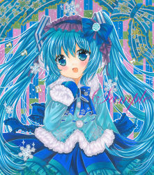 Rule 34 | 1girl, :d, aqua jacket, back bow, beamed sixteenth notes, black hairband, blue bow, blue bowtie, blue eyes, blue hair, blue mittens, blue skirt, blue theme, bow, bowtie, cowboy shot, eighth note, frilled bow, frilled hairband, frilled skirt, frills, fur-trimmed jacket, fur-trimmed sleeves, fur trim, hair between eyes, hairband, hatsune miku, head tilt, jacket, long hair, looking at viewer, marker (medium), mittens, musical note, open mouth, print bow, print bowtie, rui (sugar3), sample watermark, skirt, smile, snowflake print, solo, traditional media, twintails, very long hair, vocaloid, watermark, yuki miku, yuki miku (2012)