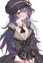 Rule 34 | 1girl, :q, black gloves, black hair, black hat, black jacket, black neckwear, black thighhighs, blush, brown eyes, cabbie hat, closed mouth, collared shirt, dress shirt, eip (pepai), gloves, hair between eyes, hat, highres, jacket, long sleeves, original, shirt, simple background, sitting, sleeves past wrists, smile, solo, thighhighs, tongue, tongue out, white background, white shirt