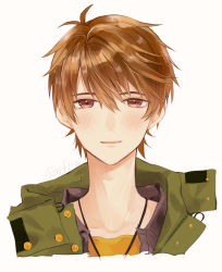 Rule 34 | 1boy, :d, asafuji asora, brown eyes, brown hair, green jacket, highres, jacket, jewelry, looking at viewer, luke pearce (tears of themis), male focus, necklace, open mouth, shirt, simple background, smile, solo, tears of themis, white background, yellow shirt