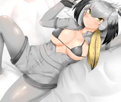 Rule 34 | 10s, 1girl, absurdres, arm up, bikini, bikini top only, bird wings, black gloves, black hair, blonde hair, blush, bodystocking, breasts, breasts out, closed mouth, collared shirt, cowboy shot, fingerless gloves, gloves, grey shirt, grey shorts, hair between eyes, hand up, head wings, highres, kemono friends, kiriyu, knee up, long hair, looking at viewer, low ponytail, lying, medium breasts, multicolored hair, no tail, on back, open clothes, open shirt, pantyhose, pillow, shiny clothes, shirt, shoebill (kemono friends), shorts, side ponytail, silver hair, stomach, swimsuit, wings, yellow eyes