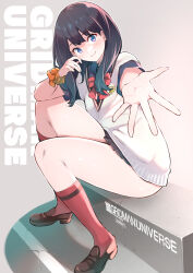 Rule 34 | 1girl, absurdres, black hair, black skirt, blue eyes, bow, bowtie, brown footwear, cardigan, collared shirt, copyright name, gradient background, grey background, gridman universe, gridman universe (film), highres, kojima takeshi, loafers, long hair, long sleeves, looking at viewer, open hand, orange scrunchie, pleated skirt, reaching, reaching towards viewer, red bow, red bowtie, red socks, school uniform, scrunchie, shiny skin, shirt, shoes, sitting, skirt, smile, socks, ssss.gridman, straight hair, takarada rikka, thick thighs, thighs, white cardigan, white shirt, wing collar, wrist scrunchie