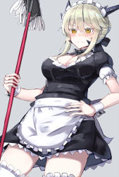 Rule 34 | 1girl, alternate costume, apron, artoria pendragon (fate), artoria pendragon (lancer alter) (fate), bad id, bad nicoseiga id, black dress, blonde hair, blush, breasts, commentary request, dress, embarrassed, enmaided, fate/grand order, fate (series), frills, highres, holding, large breasts, maid, maid apron, maid headdress, nonon (xenonbot), official alternate costume, puffy short sleeves, puffy sleeves, short sleeves, solo, thighhighs, waist apron, white thighhighs, wrist cuffs, yellow eyes