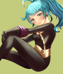 Rule 34 | 1girl, antenna hair, black bodysuit, black gloves, blue hair, blush, bodysuit, breasts, cleavage, closed mouth, commentary request, earrings, elbow gloves, fire emblem, fire emblem heroes, gloves, green background, hand on own knee, highres, jewelry, long hair, looking at viewer, medium breasts, nintendo, ponytail, reginn (fire emblem), sidelocks, simple background, sitting, skin tight, smile, solo, strap, yellow eyes, yozu (yozu0420)
