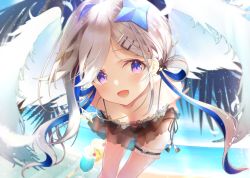 Rule 34 | 1girl, amane kanata, amane kanata (work), angel wings, anita pastorale, bare legs, blush, breasts, collarbone, hair rings, hololive, ocean, open mouth, purple eyes, silver hair, small breasts, smile, solo, swimsuit, thigh gap, virtual youtuber, water, white wings, wings