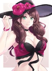 Rule 34 | 1girl, bikini, border, bracelet, breasts, brown hair, choker, cleavage, closed mouth, collarbone, dorothea arnault, earrings, fingernails, fire emblem, fire emblem: three houses, flower, green eyes, hat, hibiscus, highres, holding, holding clothes, holding hat, jewelry, large breasts, long hair, looking at viewer, nail polish, nintendo, official alternate costume, shinae, simple background, smile, solo, sun hat, swimsuit, upper body, white border