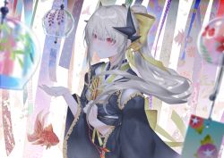 Rule 34 | 1girl, black kimono, blush, breasts, commentary, dmith, dragon girl, dragon horns, fate/grand order, fate (series), horns, japanese clothes, kimono, kiyohime (fate), kiyohime (third ascension) (fate), long hair, long sleeves, medium breasts, multiple horns, obi, ponytail, red eyes, sash, solo, white hair, wide sleeves, wind chime
