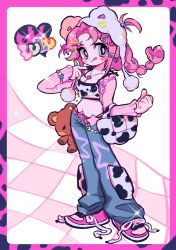 Rule 34 | 1girl, :q, abstract background, absurdres, animal ear headwear, animal ears, animal print, bag, baggy pants, belt, black nails, blue pants, blush, blush stickers, border, bracelet, braid, breasts, bright pupils, character name, cleavage, clenched hand, cow print, crop top, curtained hair, dangle earrings, decora, denim, detached sleeves, dot nose, earrings, english text, fake animal ears, floating hair, frilled sleeves, frills, full body, grey eyes, hair ornament, hairclip, hand up, handbag, hat, heart, heart earrings, heart necklace, highres, jeans, jewelry, kerberos (kerbe ), legs together, long hair, long sleeves, looking at viewer, medium breasts, nail polish, necklace, one side up, original, outstretched hand, pants, pink belt, pink border, pink footwear, pink hair, pink sleeves, pocket, pointing, pointing at self, pom pom (clothes), shoelaces, single braid, solo, spaghetti strap, sparkle, standing, stuffed animal, stuffed toy, teddy bear, three quarter view, tongue, tongue out, untied footwear, white hat