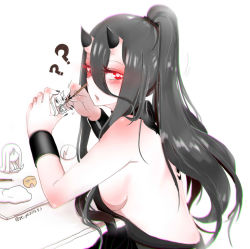Rule 34 | 1girl, :o, ?, abyssal ship, alternate hairstyle, backless dress, backless outfit, battleship princess, black dress, black hair, blush, breasts, commentary request, dated, dress, hi ye, horns, kantai collection, long hair, looking at viewer, looking back, pale skin, ponytail, red eyes, sideboob, solo, twitter username, wristband
