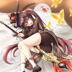 Rule 34 | 1girl, artist request, ass, bed, between legs, bike shorts, blush, brown hair, cameltoe, chinese clothes, coattails, fang, genshin impact, ghost, hat, highres, hu tao (genshin impact), long hair, looking at viewer, lying, on side, open mouth, polearm, red eyes, shiny clothes, shiny skin, short shorts, shorts, smile, solo, spear, tongue, twintails, very long hair, weapon