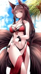 Rule 34 | 1girl, absurdres, akagi (azur lane), akagi (paradise amaryllis) (azur lane), animal ears, azur lane, bare arms, bare shoulders, bikini, black scrunchie, blue sky, blush, breasts, brown hair, cleavage, cloud, commentary, cowboy shot, day, fox ears, fox tail, grin, groin, highres, large breasts, long hair, looking at viewer, multiple tails, navel, official alternate costume, red bikini, red eyes, samip, sarong, scrunchie, sky, smile, solo, standing, stomach, swimsuit, tail, thighs, twisted torso, very long hair, wrist scrunchie