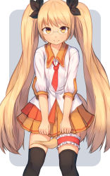 Rule 34 | 10s, 1girl, black thighhighs, blonde hair, bridal garter, dog tail, fox tail, glasses, hair ribbon, highres, long hair, looking at viewer, loose necktie, necktie, retoree (show by rock!!), ribbon, school uniform, shirt, shone, show by rock!!, simple background, skirt, skirt grab, smile, solo, tail, thighhighs, twintails, very long hair, yellow eyes, zettai ryouiki