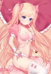 Rule 34 | 1girl, blonde hair, blue eyes, bow, bra, breasts, choker, cleavage, collarbone, commentary request, copyright request, frills, hair bow, hair ornament, large breasts, long hair, looking at viewer, lying, on side, pillow, pink bow, pink bra, pink choker, puffy short sleeves, puffy sleeves, rabbit hair ornament, rimuu, short sleeves, smile, solo, thighhighs, twintails, underwear, white thighhighs