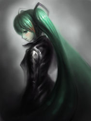 Rule 34 | 1girl, bad id, bad pixiv id, female focus, gradient background, green hair, hatsune miku, long hair, occult soda, solo, twintails, vocaloid