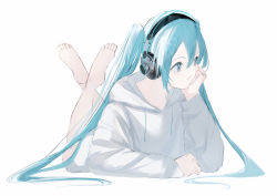 Rule 34 | 1girl, absurdres, barefoot, black hairband, blue eyes, blue hair, closed mouth, full body, hair between eyes, hairband, hatsune miku, headphones, highres, hood, hood down, hooded sweater, legs up, long hair, long sleeves, lying, on stomach, potetoneko, sketch, soles, solo, sweater, twintails, very long hair, vocaloid, white sweater