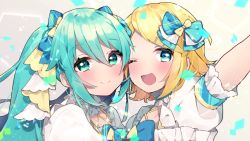 Rule 34 | 2girls, aqua eyes, aqua hair, arm up, blonde hair, blue bow, blue eyes, blush, bow, bowtie, commentary, confetti, dress, forehead-to-forehead, frilled dress, frills, hair bow, hair ornament, hairclip, hatsune miku, heads together, highres, kagamine rin, long hair, looking at viewer, multiple girls, one eye closed, open mouth, outstretched arm, portrait, project sekai, sasakura (npdk7484), short hair, smile, swept bangs, twintails, vocaloid, white dress