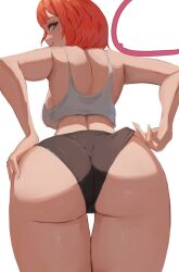 Rule 34 | 1girl, ass, black panties, closed mouth, crop top, from behind, green eyes, highres, leaning forward, looking at viewer, looking back, mcdonald&#039;s, mother (yoru mac), medium hair, mirai hikari, mother (yoru mac), non-web source, orange hair, panties, panty pull, pulling own clothes, shirt, simple background, smile, solo, speech bubble, tagme, underwear, white background, white shirt, yoru mac