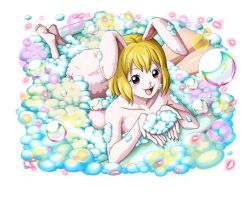 Rule 34 | 1girl, 1other, animal ears, ass, bare shoulders, barefoot, bathing, blonde hair, blush, breasts, bubble, rabbit, carrot (one piece), feet, furry, happy, looking at viewer, lying, medium breasts, nami (one piece), nude, official art, one piece, one piece: treasure cruise, rabbit ears, rabbit girl, rabbit tail, short hair, skirt, tail, toes