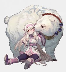 Rule 34 | 1girl, ainu clothes, albino, animal, black pantyhose, boots, fate/grand order, fate (series), full body, hairband, highres, illyasviel von einzbern, knee boots, lack, licking, long hair, pantyhose, pink hairband, purple footwear, red eyes, shirou (bear) (fate), simple background, sitonai (fate), sitting, skirt, tattoo, white background, white hair