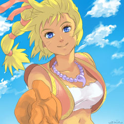 Rule 34 | 1girl, bad id, bad pixiv id, bandeau, beads, blonde hair, blue eyes, braid, chrono (series), chrono cross, cloud, day, gloves, hair ribbon, jewelry, kid (chrono cross), long hair, magatama, midriff, multi-tied hair, necklace, outstretched arm, outstretched hand, ponytail, reaching, ribbon, signature, sky, smile, solo, strapless, tube top, uzuinu, vest