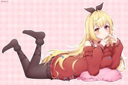 Rule 34 | 1girl, :3, ahoge, artist name, bare shoulders, black hairband, black ribbon, blonde hair, blue bow, blush, bow, breasts, brown pantyhose, brown skirt, closed mouth, collarbone, commentary request, eyelashes, feet up, frilled sweater, frills, full body, hair between eyes, hair bow, hair intakes, hair ribbon, hairband, hands up, heterochromia, hoshikawa sara, hoshikawa sara (2nd costume), long hair, long sleeves, looking at viewer, lying, medium breasts, multiple hair bows, neck ribbon, nijisanji, off-shoulder sweater, off shoulder, official alternate costume, on stomach, outline, pantyhose, pillow, pink background, plaid, plaid background, plaid skirt, red bow, red eyes, red sweater, ribbon, sidelocks, simple background, skirt, sleeves past wrists, smile, solo, striped, striped ribbon, sweater, twitter username, union jack, very long hair, virtual youtuber, white outline, yellow eyes, zky (oekaky)