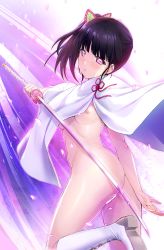 Rule 34 | 1girl, black hair, boots, breasts, butterfly hair ornament, cape, cloak, hair ornament, highres, holding, holding sword, holding weapon, katana, kimetsu no yaiba, knee boots, looking at viewer, naked cloak, nipples, onigirikun, pink eyes, pussy juice, side ponytail, small breasts, solo, standing, standing on one leg, sword, tsuyuri kanao, weapon, white cape