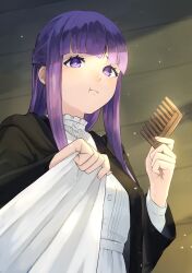 Rule 34 | 1girl, absurdres, black robe, blunt bangs, blush, collar, comb, commentary request, dress, fern (sousou no frieren), frilled collar, frills, hands up, highres, holding, holding comb, indoors, ito yoshi, lips, long hair, long sleeves, looking at viewer, pout, purple eyes, purple hair, robe, sidelocks, simple background, solo, sousou no frieren, upper body, white background, white dress