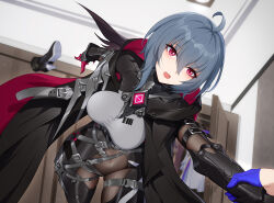 Rule 34 | 2girls, absurdres, ahoge, armored bodysuit, barcode, belt, belt buckle, black belt, black bodysuit, black cloak, black footwear, black gloves, blue gloves, bodysuit, boots, unworn boots, breasts, buckle, ceiling, ceiling light, clawed gauntlets, cloak, clothes, clothes hanger, covered navel, cowboy shot, eyes visible through hair, eyeshadow, gloves, grey belt, grey hair, hair between eyes, half gloves, hanging breasts, high heel boots, high heels, highres, holding another&#039;s wrist, honkai (series), honkai impact 3rd, hood, hood down, large breasts, looking at another, makeup, mole, mole under mouth, multiple girls, o-ring, open door, open mouth, out of frame, pulling, raiden mei, raiden mei (herrscher of thunder), raven (honkai impact), red eyes, red eyeshadow, shiny clothes, short hair, skindentation, slit pupils, surprised, taut clothes, thigh strap, throwing, tripping, two-sided cloak, two-sided fabric, wardrobe, wu ganlan cai