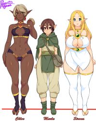 Rule 34 | 1boy, 2girls, agawa ryou, areola slip, artist name, blonde hair, blue eyes, breasts, brown eyes, brown hair, cleavage, curvy, dark skin, large breasts, multiple girls, navel, plump, pointy ears, red eyes, silver hair, small breasts, thick thighs, thigh gap, thighhighs, thighs, wide hips