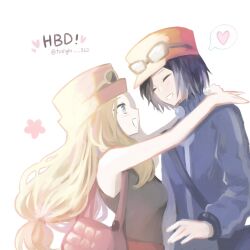 1boy 1girl blue_jacket calem_(pokemon) creatures_(company) dopu_(doremipurin) eyewear_on_headwear flower_(symbol) game_freak happy_birthday hat heart highres hug jacket light_brown_hair looking_at_another mega_ring nintendo pokemon pokemon_xy red_hat serena_(pokemon) smile spoken_heart sunglasses