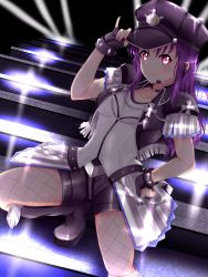 Rule 34 | 1girl, believe again, birthday, black footwear, boots, breasts, choker, commentary request, fingerless gloves, fishnet pantyhose, fishnets, gloves, hair down, hat, headset, highres, kamesys, kazuno sarah, long hair, looking at viewer, love live!, love live! sunshine!!, love live! sunshine!! the school idol movie over the rainbow, medium breasts, pantyhose, pink eyes, purple hair, short shorts, short sleeves, shorts, sidelocks, solo, spoilers