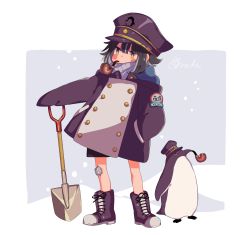 Rule 34 | 1girl, artist name, bad id, bad pixiv id, bandaid, bandaid on knee, bandaid on leg, bird, black jacket, blush, boots, cross-laced footwear, full body, grey footwear, grey hair, hand in pocket, hat, highres, jacket, lace-up boots, looking to the side, medium hair, mouth hold, original, peaked cap, penguin, pipe in mouth, scarf, shovel, smoking pipe, sorata123, standing, two-tone background, yellow eyes