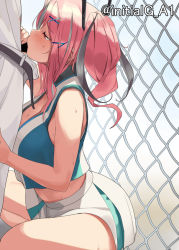 Rule 34 | 1girl, a1 (initial-g), azur lane, belt, blush, breasts, bremerton (azur lane), bremerton (scorching-hot training) (azur lane), censored, chain-link fence, cleavage, commentary request, crop top, crop top overhang, fellatio, fence, hair ornament, headgear, hetero, large breasts, multicolored hair, oral, pants, penis, red hair, shirt, sidelocks, skirt, sleeveless, sleeveless shirt, sportswear, spread legs, squatting, streaked hair, sweat, tennis uniform, thighs, twintails, two-tone skirt, two side up, unbuttoned, white pants, white shirt, white skirt, x hair ornament